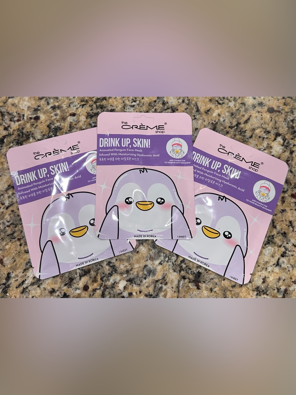 3 The Crème Shop Animated Penguin Masks – Drink Up, Skin! Hyaluronic Sheet Mask